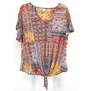 Boho Patchwork Floral Tie Front Top Short Sleeve Multicolor Peasant Blouse L